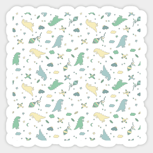 Children's pattern with dinos, airplanes, clouds, stars for fashion clothes, shirt, fabric. Sticker